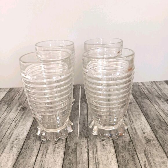 Set Of 4 Vintage Anchor Hocking Coronation Clear Glass Footed Tumblers - Picture 2 of 10